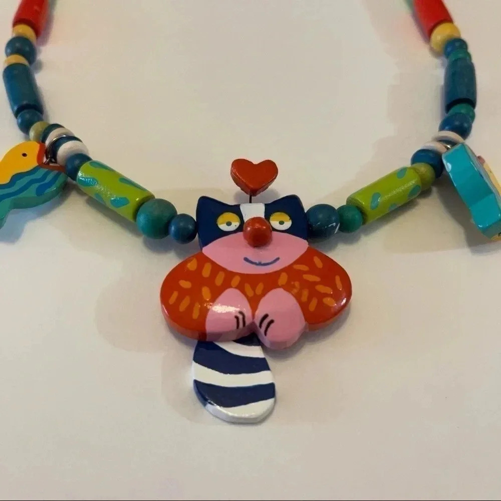 Vintage Signed Tatiri Fashion Hand Crafted Wooden Cat Tail Dangle Necklace RARE - Picture 2 of 7